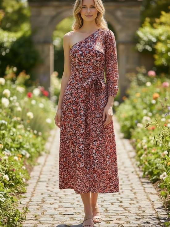 American Eagle Outfitters Dresses & Skirts - American Eagle Floral One Shoulder Midi Dress Tie Waist Boho Size Small